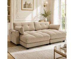KOMHTOM Slaapbank 2-Zits - Khaki Corduroy - Modulair - Met Opbergruimte en USB-Oplaadaansluitingen - Comfortabele Lounge voor Woonkamer, Slaapkamer en Kantoor - 2 Kussens - 4 Bekerhouders - 4 Zijvakken - Moderne Zitbank