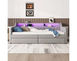 KOMHTOM Slaapbank 90 x 200 cm Sfeerverlichting met afstandsbediening Twee laden USB-laadcontactdoos Linnen Grijs