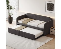 KOMHTOM Slaapbank Uitschuifbare Bedbank 90/180x190 cm met verticale strepen met lattenbodem linnen stof grijs