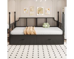 Komhtom Slaapbank van ijzer 90*200, rugleuning en armleuningen in vintage stijl, omgeven door hoge kolomsteunen, metalen frame met opbergvakken, eenpersoonsbed van ijzer, bed voor tieners, zwart