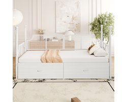 Komhtom Slaapbank van ijzer 90*200, rugleuning en armleuningen in vintage stijl, omgeven door hoge steunen, metalen frame met opbergvakken, eenpersoonsbed van ijzer, bed voor tieners, wit