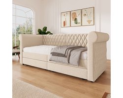 KOMHTOM Slaapbank Volwassen bed Eenpersoonsbed 90x200 cm met 2 opbergladen en houten lattenbodem Linnen Beige