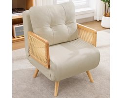KOMHTOM Slaapfauteuil - 3-in-1 relaxfauteuil & logeerbed - Verstelbare rugleuning - Rotan armleuningen - Beige gestoffeerde loungefauteuil