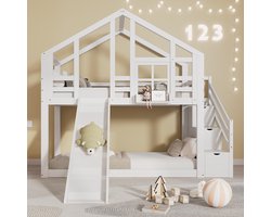 KOMHTOM Stapelbed cabine bed met glijbaan en bomen met lade Bed 90x200 cm met valbeveiliging 2 plaatsen wit