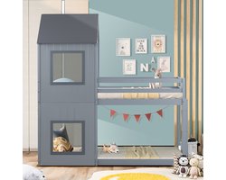 KOMHTOM Stapelbed Kajuitbed 90x200 cm kinderbed voor meisjes en jongens met ladder baldakijn vloer tot plafond grijs