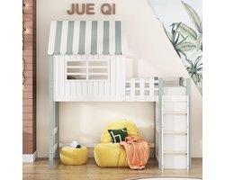 KOMHTOM Stapelbed Kinderbed 90x200 cm met veiligheidsladder met opbergvak Multifunctioneel bed Massief houten bed met lattenbodem Groen