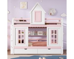 KOMHTOM Stapelbed Kinderbed met dak en raam met valbeveiliging Twee laden Wit+Roze