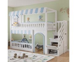KOMHTOM - Stapelbed - Kinderbed - Opbergkast in trap - Grenen + MDF + multiplex - 90 x 200 cm wit + blauw