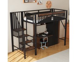 Komhtom Stapelbed van metaal 90 x 200 cm, uniek veiligheidshek met raam, met veiligheidsladder, voldoende ruimte onder het bed voor een stoffen hoes, zwart
