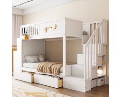KOMHTOM - Stapelbedden & Kinderbedden - met opberglades, bureau & trap - 90x200 cm - massief grenenhout - wit