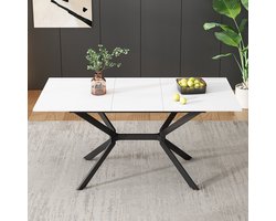 KOMHTOM Tafel Eettafel Uitschuifbare eettafel zitplaatsen vier tot zes zwart metalen tafelpoten Rechthoekige eettafel Wit