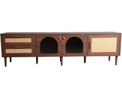KOMHTOM - TV Kast Hout - TV Meubel Hout - 180×40×50 CM - Rotan Accenten - Glazen Deur - Verstelbare Poten - Incl Ledverlichting