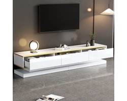 KOMHTOM TV-meubel 200*40*40 cm, laag meubel met 3 lades, glanzend TV-meubel, woonkamermeubel met veel opbergruimte, warm wit tv-tafeltje met gouden rand, TV-meubel op poten