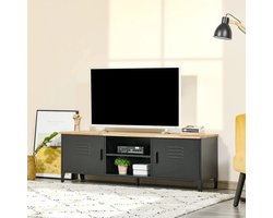Komhtom TV-meubel Bank voor televisies van 55 inch met 2 kastjes Verstelbare poten Zwart metalen frame Blad van natuurlijk hout