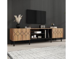 KOMHTOM TV-meubel - Lowboard met 2 deuren en 4 open vakken - Moderne wandkast voor woonkamer - Geschikt voor tv tot 70 inch - Spaanplaat - Naturel houtkleur en zwart - 180x40x50cm