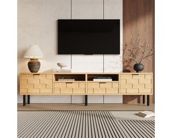 KOMHTOM TV-meubel - Lowboard - Natuurlijke houtkleur - 200 cm breed - 2 lades en 2 deuren - Woonkamer - Geschikt voor TV tot 80 inch - Modern design met 3D vierkante decoratie