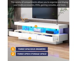KOMHTOM TV Meubel met 3 glazen planken, LED-verlichting Bluetooth connectiviteit voor 70” TV glanzend glazen smart TV-standaard wit
