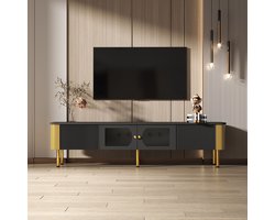 KOMHTOM TV meubel TV kast met 2 lades en speciaal gevormde deurpanel Gouden handgrep en pootjes Zwart