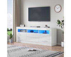 KOMHTOM TV Meubel TV-kast met LED-verlichting 3 open vakken 2 deuren 2 lades Smart App-bediening voor 70-inch TV wit
