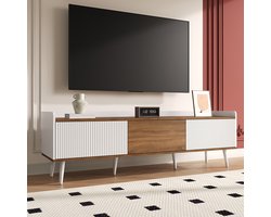 KOMHTOM TV-meubel, tv-tafel, tv-standaard, laag meubel met drie deuren. Compacte constructie. Afwerking in wit en naturel hout. Hoogte 49,5 cm / lengte 160 cm / breedte 39 cm
