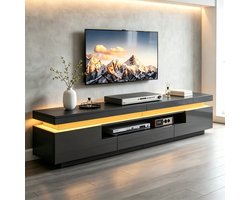 KOMHTOM TV-meubel - Zwart Hoogglans - 175x38x45 cm - Met LED Verlichting - 2 Kasten en 1 Lade - Lowboard - Geschikt voor 75 Inch TV - Woonkamer - Modern Design - Met Opbergruimte