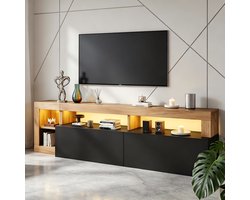 KOMHTOM TV-Meubel - Zwart - Hout - LED Verlichting - Open Opbergruimte - Geschikt voor TV tot 80 Inch - Woonkamer Slaapkamer - Modern Design - Wandmeubel met Deuren - Mat Houten Frame