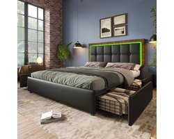 KOMHTOM Tweepersoonsbed 140x200 cm Bed voor volwassenen met LED-lichtlijst en 4 laden In hoogte verstelbaar hoofdeinde Zwart PU