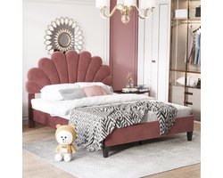 KOMHTOM Tweepersoonsbed 140x200 cm met gebloemd hoofdeinde Bed volwassenen in zacht fluweel Gastenbed in bonenrood