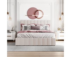 KOMHTOM Tweepersoonsbed 140x200 cm met hydraulische bedopslag in hoogte verstelbaar gestoffeerd hoofdbord crème wit