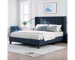 KOMHTOM Tweepersoonsbed 140x200cm Bed voor volwassenen Modern bed met gestoffeerd hoofdeinde Blauw linnen