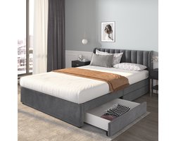 KOMHTOM Tweepersoonsbed 160x200 cm Bed met Laden Gestoffeerd Bed Volwassene Met Boxspringrug 2 Laden Grijs