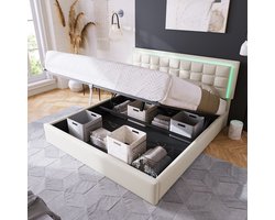 KOMHTOM Tweepersoonsbed 160x200 cm Bed volwassenen met led opbergruimte bed kunstlederen bekleding Wit