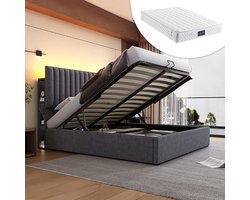 KOMHTOM Tweepersoonsbed 160x200 cm Bed volwassenen met opbergruimte met LED-bediening Verstelbaar hoofdeinde Lattenbodem Grijs met matras