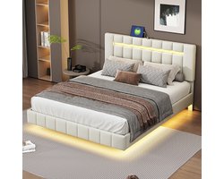 KOMHTOM Tweepersoonsbed 160x200 cm gestoffeerd zwevend bedframe met LED-verlichting vlak tweepersoons logeerbed in huidvriendelijk beige linnen