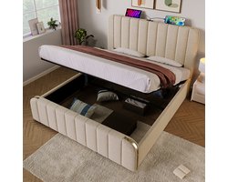 KOMHTOM Tweepersoonsbed 160x200 cm met gouden sierstrepen en USB Type-C oplaadfunctie Bed Beige linnen Hydraulisch campingbed