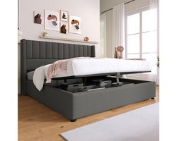 KOMHTOM Tweepersoonsbed 160x200 cm Opbergbed Hydraulisch met metalen lattenbodem Linnen Grijs