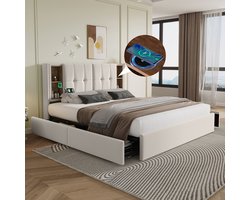 KOMHTOM Tweepersoonsbed 160x200cm Volwassenen Bed met 4 lades fluwelen Beige