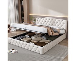 KOMHTOM Tweepersoonsbed 180x200 met lattenbodem en hoofdeinde tienerbed in hoogte verstelbaar Eenvoudige montage Wit PU