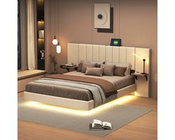 KOMHTOM Tweepersoonsbed bed 140x200 cm Verborgen voeteneind met opbergruimte aan de zijkant LED-verlichting Linnen Beige