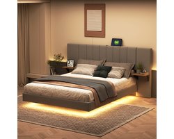 KOMHTOM Tweepersoonsbed bed 140x200 cm Verborgen voeteneind met opbergruimte aan de zijkant LED-verlichting Linnen Grijs