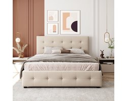 KOMHTOM Tweepersoonsbed Bed met laden 140x200 cm fluwelen stof voor volwassenen en tieners beige