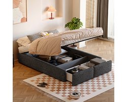 KOMHTOM Tweepersoonsbed Bed voor volwassenen bed 140x200 cm met hydraulische opbergruimte en 2 laden grijs