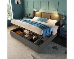 KOMHTOM Tweepersoonsbed Chest bed 140x200 cm Gestoffeerd bed Opslag bed laden in PU Donkergrijs