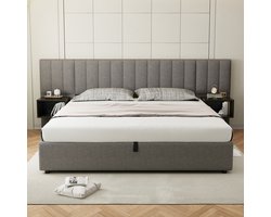 KOMHTOM Tweepersoonsbed Gestoffeerd bed 180 x 200 cm hydraulisch bed met twee nachtkastjes met opbergruimte linnen grijs + zwart