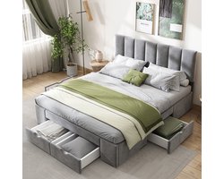 KOMHTOM Tweepersoonsbed Jeugdbed 140x200 cm Bed met laden en rugleuning met 4 grijze laden