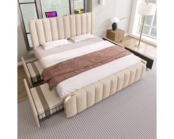 KOMHTOM Tweepersoonsbed met 4 laden 180x200 cm met gouden sierstrepen en USB Type-C oplaadfunctie Bed Beige linnen Hydraulisch campingbed