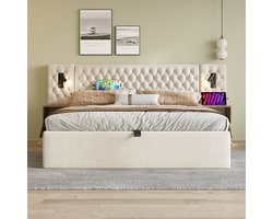KOMHTOM Tweepersoonsbed met hydraulische opbergruimte 180x200 cm 2 nachtkastjes hoofdbord met leeslampje en USB-opladen Fluweel Beige