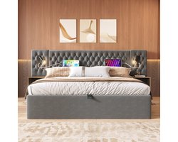 KOMHTOM Tweepersoonsbed met hydraulische opbergruimte 180x200 cm 2 nachtkastjes hoofdbord met leeslampje en USB-opladen Fluweel Grijs