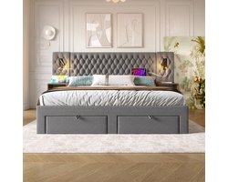KOMHTOM Tweepersoonsbed met opbergruimte Bed 180x200 cm 2 nachtkastjes en 4 laden hoofdbord met USB-oplader Fluweel Gris
