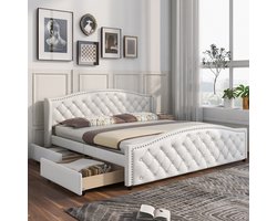 KOMHTOM Tweepersoonsbed Volwassenenbed 180x200 cm Bed met 2 onderste laden en uitschuifbaar bed Wit